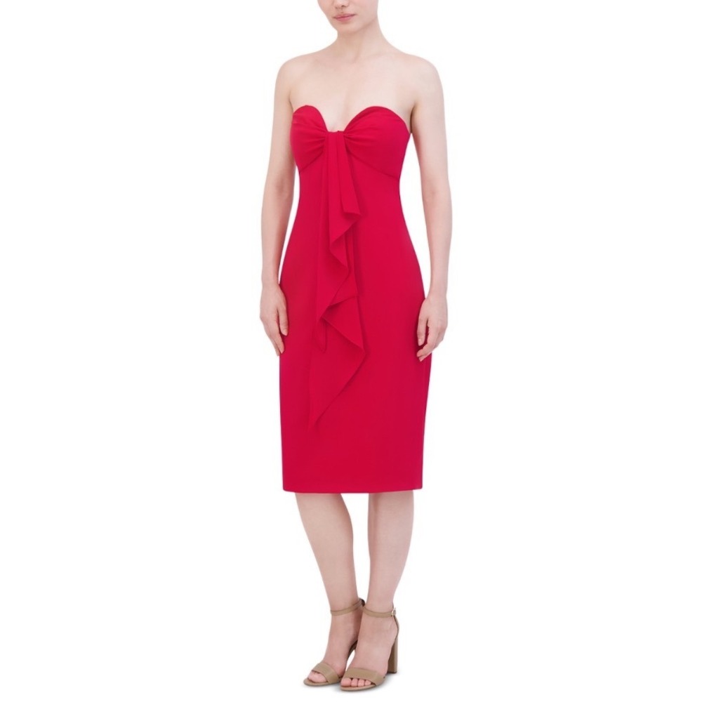 BCBGMAXAZRIA Crimson Red Strapless Sweetheart Ruffle Midi Dress Size‎ 4